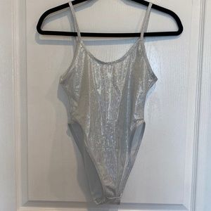 Rave Wonderland Small Silver Holo Bodysuit Open Back High Cut Festival EDM